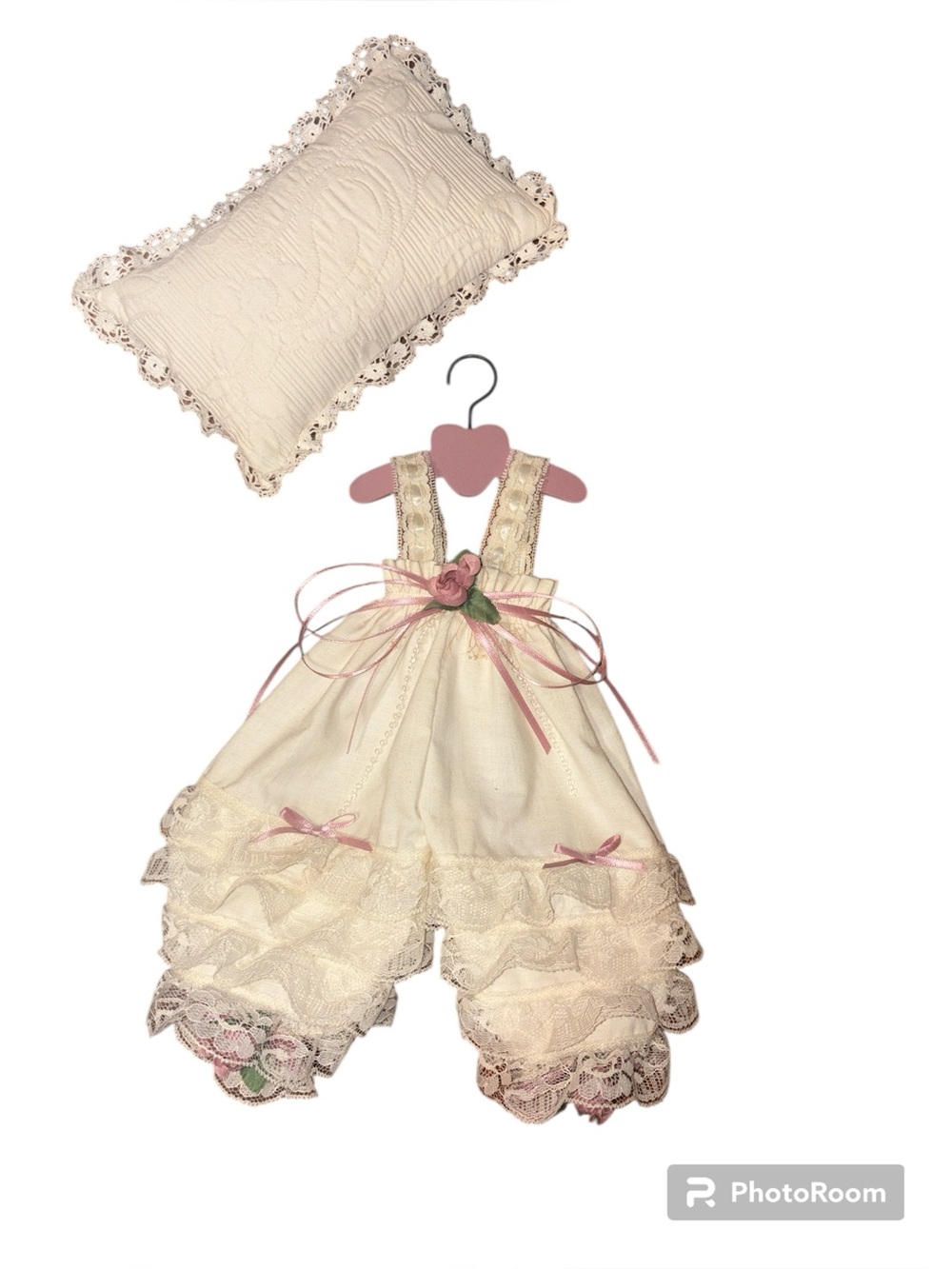 Handmade Shabby Chic Doll Clothes Cream Ruffled Lace Overalls Set Accent Pillow